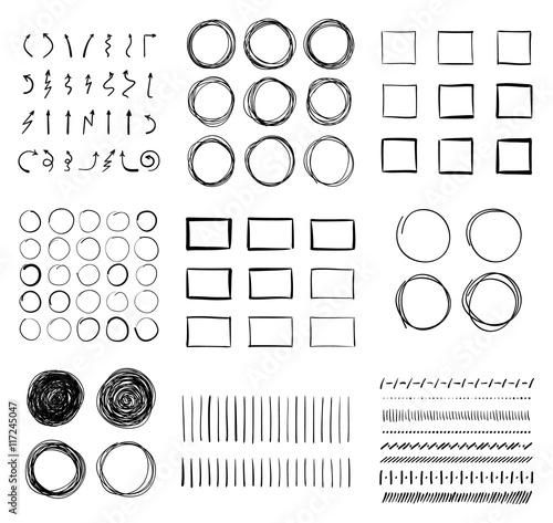 Big set of hand-drawn doodle design elements. Circles, arrows, lines, squares for your pen highlights