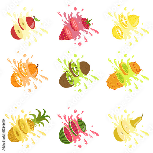 Fruits Cut In The Air Splashing The Juice