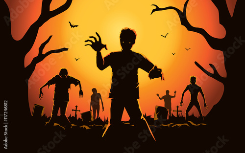 Zombie walking out from grave. Silhouettes illustration about Halloween concept.