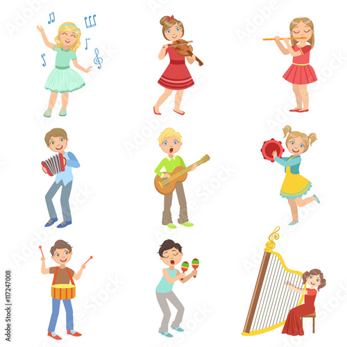 Kids Singing And Playing Music Instruments Set