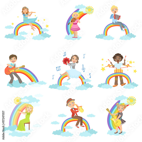 Kids Playing Music Instruments With Rainbow And Clouds Decoration