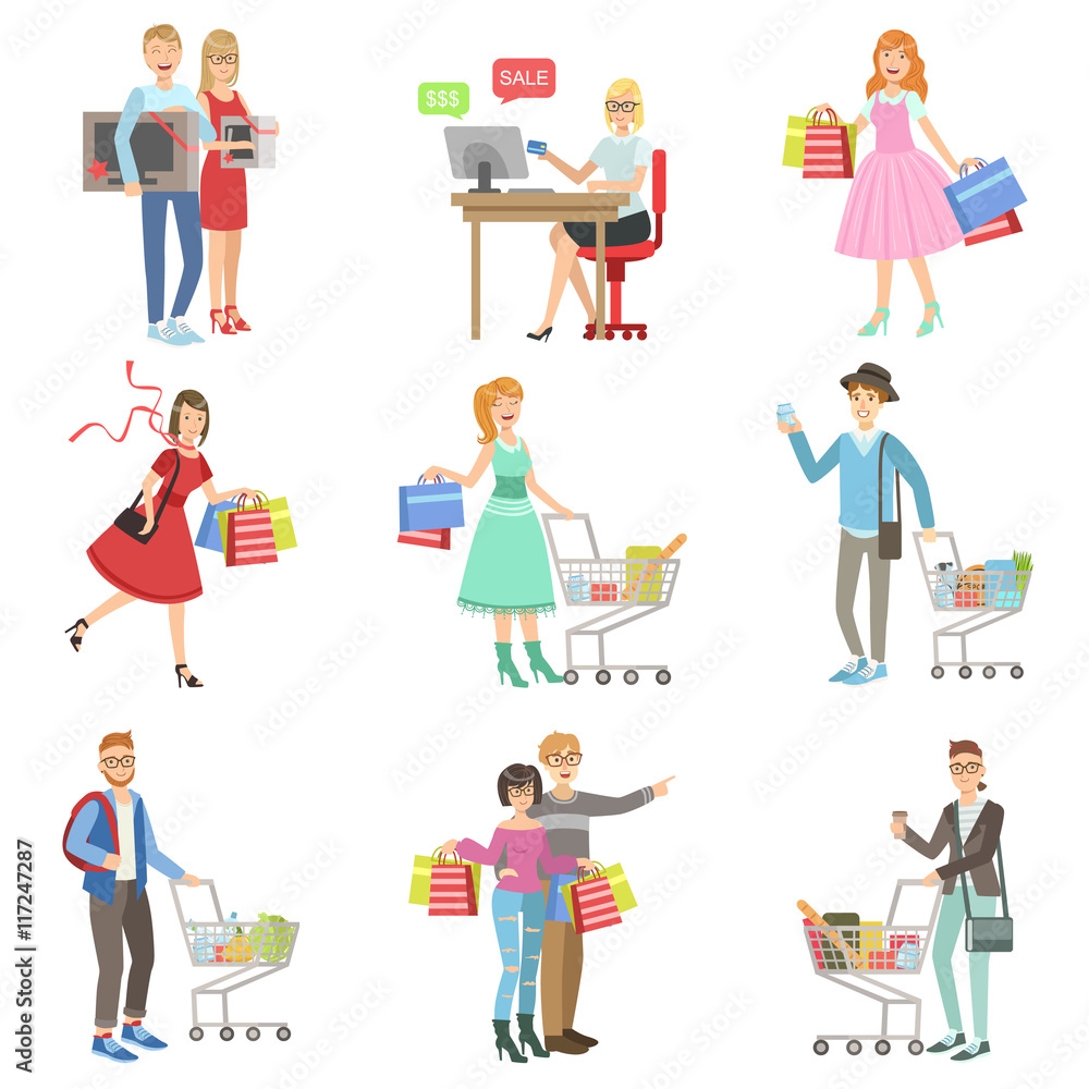 People Shopping For Clothes And Grocery People Shopping For Clothes And Grocery