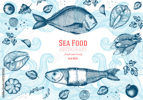 Vintage sea food frame vector illustration. Hand drawn with ink. Vintage design template.