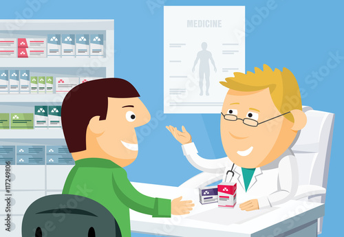 Cartoon doctor and patient. Examination by a doctor. Prescription drugs. Vitamins and antibiotics. Funny vector flat simple illustration.