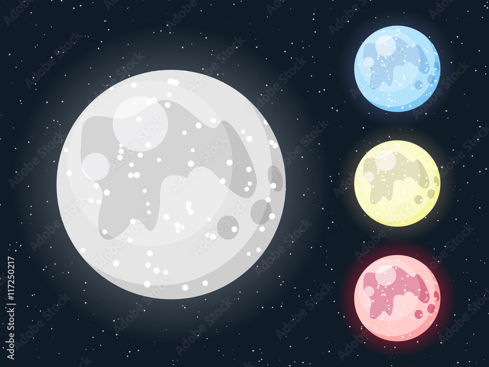 Obraz premium Vector colorful moon icon set on starry dark background. White moon, blue moon, yellow moon and red moon for your design.