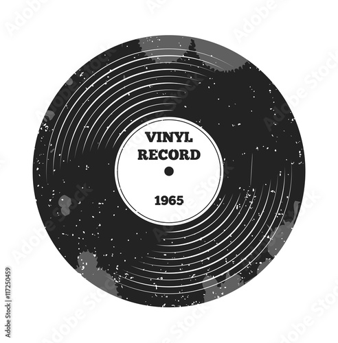 Gramophone vinyl LP record. Radio, rock'n'roll. Music sound. DJ retro music. Vinyl record. Label and badge