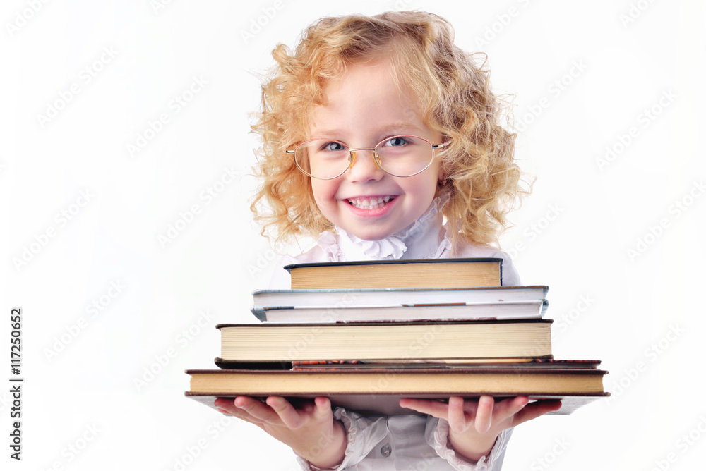 little girl with books isolated one white little girl with books isolated one white