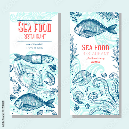 Seafood vintage design template. Vertical banners set. Vector illustration hand drawn linear art. Fish and seafood restaurant menu. Hand drawn sketch seafood vector banners