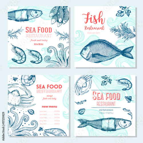 Seafood vintage design template. Square banners set. Vector illustration hand drawn linear art. Fish and seafood restaurant menu. Hand drawn sketch seafood menu vector banners