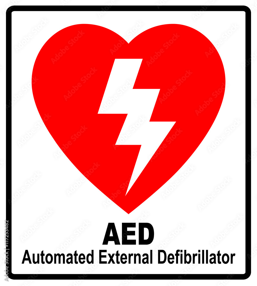 Sport det er nytteløst vest Vector of a red AED Sticker with heart shape and lightning Stock-vektor |  Adobe Stock