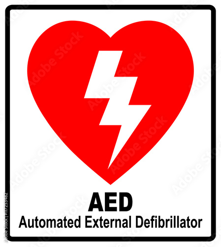 Vector of a red AED Sticker with heart shape and lightning