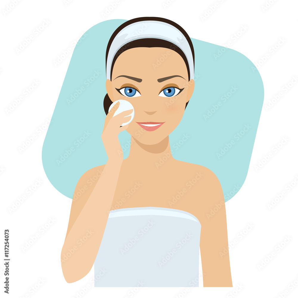 Girl cleans her face with cosmetic lotion, home remedies, skin problems solution.Vector stock illustration. Girl cleans her face with cosmetic lotion, home remedies, skin problems solution.Vector stock illustration.