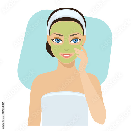 Girl applies cosmetic mask on her face, home remedies, skin problems solution.Vector stock illustration.