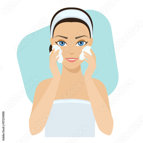 Girl cleans her face with cosmetic soap, home remedies, skin problems solution.Vector stock illustration.