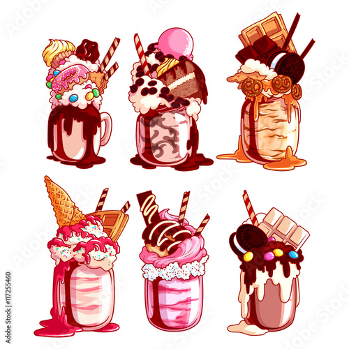 Set of different giant milkshakes.