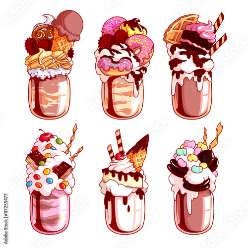 Set of different giant milkshakes.