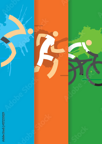 Triathlon racers background. 
Colorful striped background with stylized triathlon athletes. Vector available.

