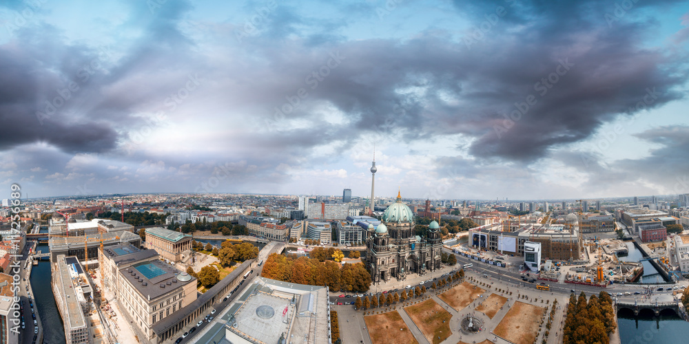 Sunset over Berlin, aerial view of Cathedral and surrounding are