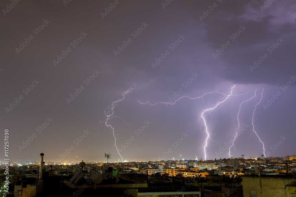 Lightning storm strikes the city of Thessaloniki, Greece