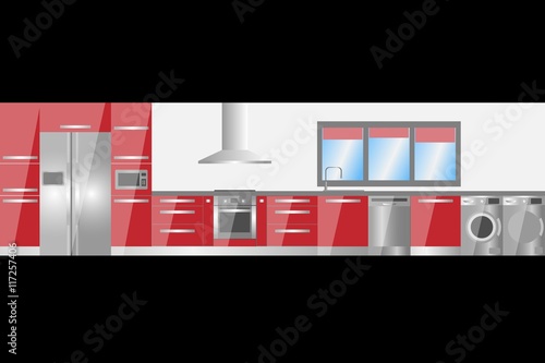 Ilustración de una cocina moderna con muebles de color rojo y electrodomésticos