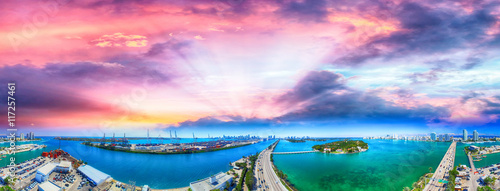 Aerial panoramic view of Miami. Downtown, Beach, Port and MacArt