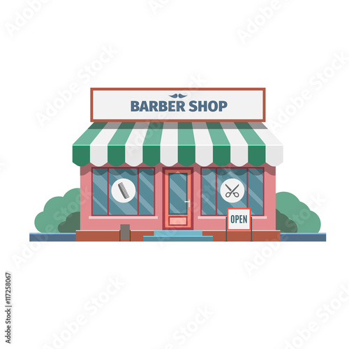 Barber in the barber shop in town. Vector Illustration.