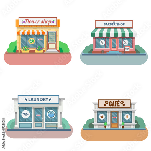 Set of vector flat design shops facade icons.