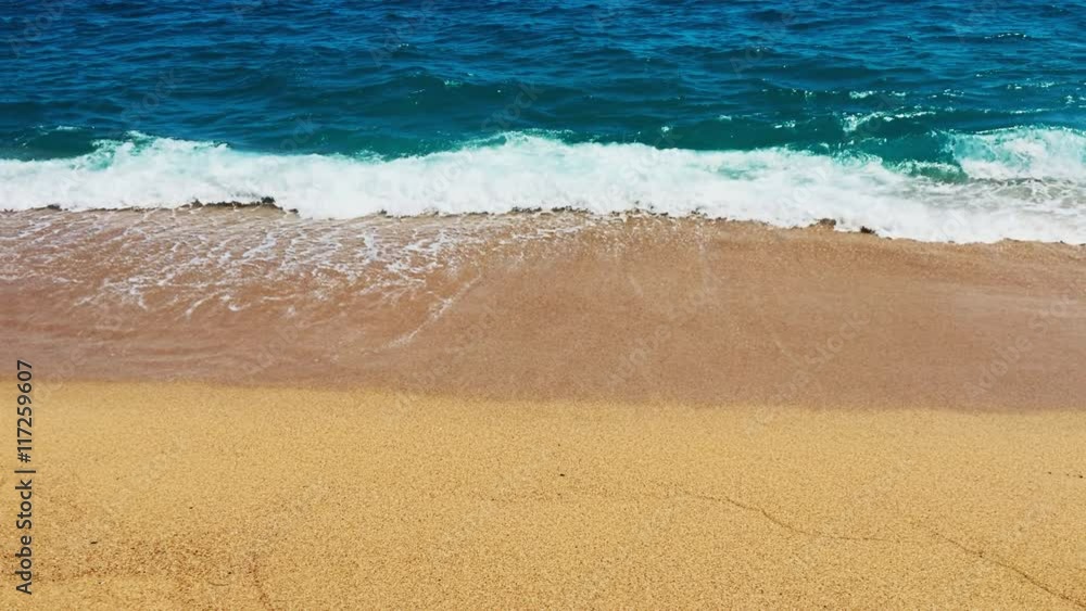 Beautiful mediterranean sea coastline, strong waves crashing in slow motion on seashore with foam on yellow clean sand, perfect for film, digital composition, video mapping, background Beautiful mediterranean sea coastline, strong waves crashing in slow motion on seashore with foam on yellow clean sand, perfect for film, digital composition, video mapping, background