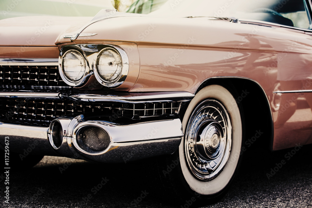 Detail of classic american car. Headlamp close up.