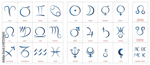Astrology symbols - signs of the zodiac, planetary gods and lunar nodes  - calligraphic set.