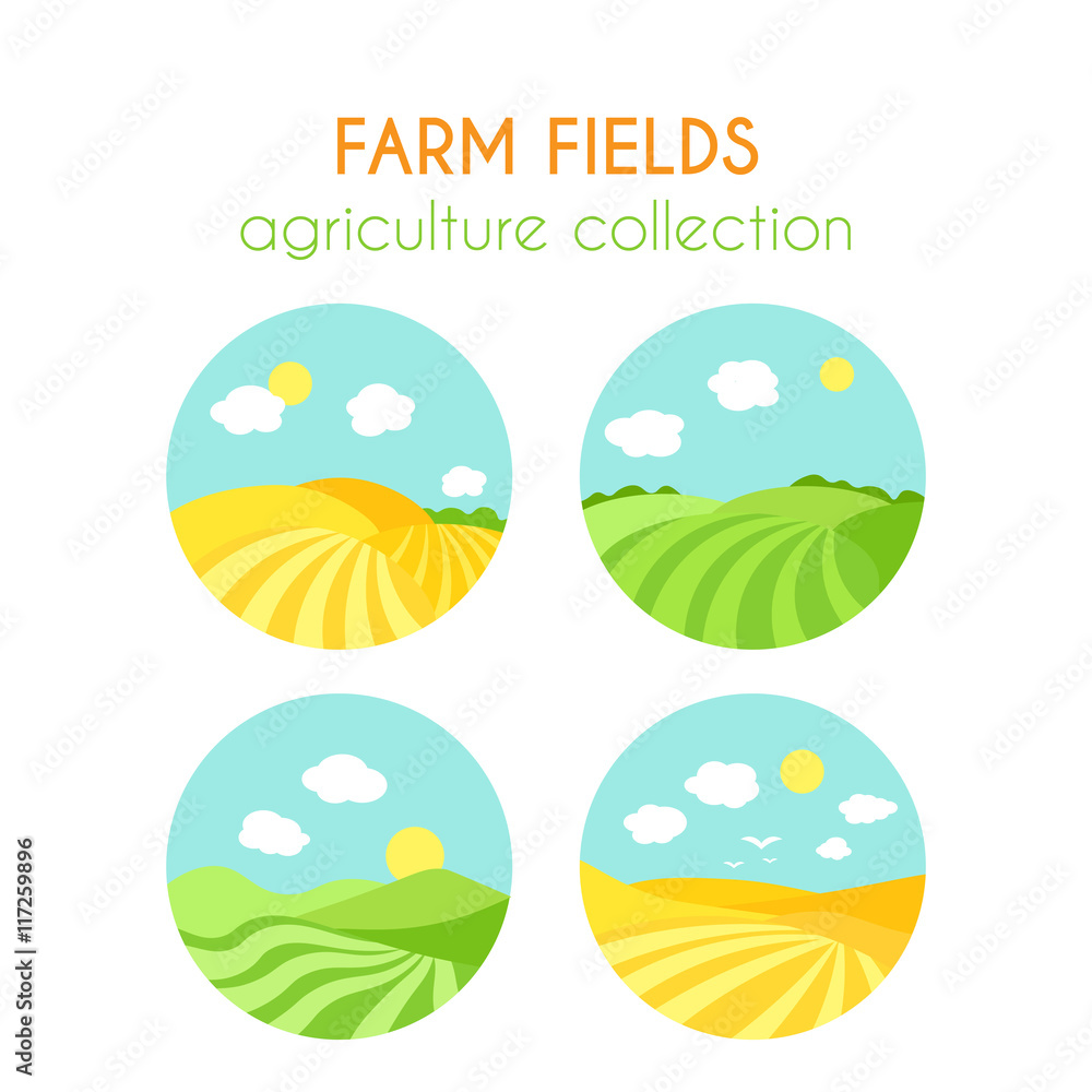 Set of farm fields landscapes. Round badges with crop in field. Cartoon green field of sowing. Flat argiculture collection.