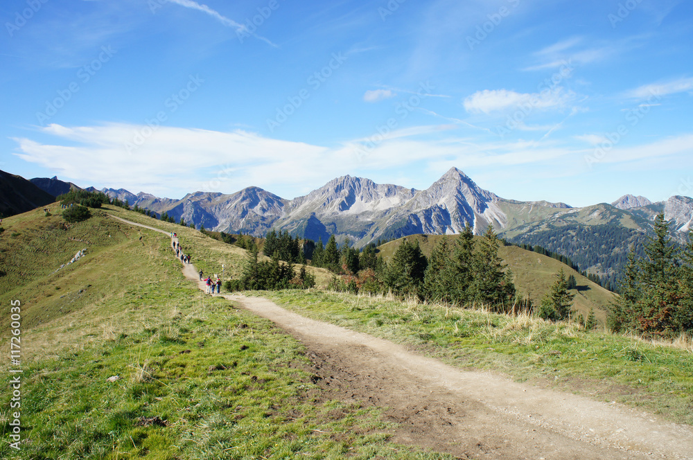 Wandern im Ostallgäu/Wandern auf dem Saalfelder-Höhenweg in den Tannheimer Bergen in Tirol, Oesterreich, sonniger Herbsttag; Gipfel der Tannheimer Berge, Bergwiesen, ein Wanderweg und Wanderer