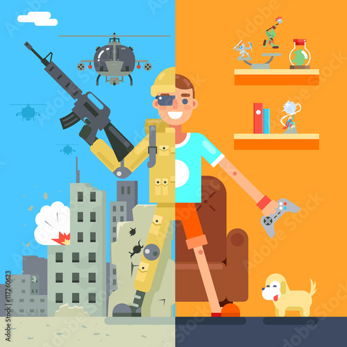 Gamer Soldier immersion virtual reality Icon Living Room battlefield Flat Design Character Vector Illustration