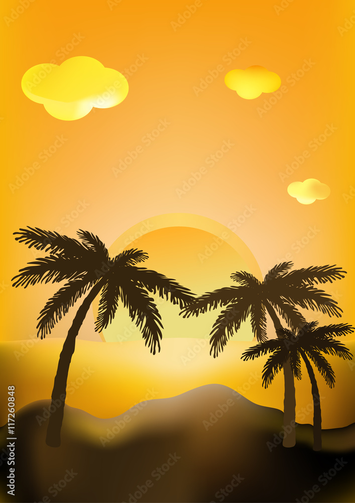 Palms silhouettes at orange sunset sky