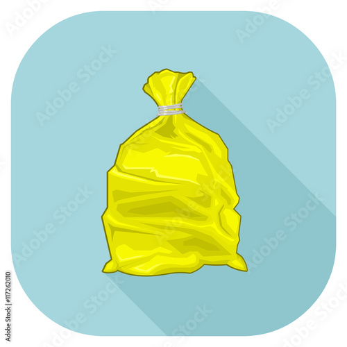 A vector illustration of a full yellow bin Flat Icon - Yellow Tied Bin Sack internet Icon
Plastic Bag waste Concept.