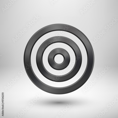 Black Abstract circle geometric badge, technology perforated button template with metal texture, chrome, silver, steel and realistic shadow for logo, design concepts, apps. Vector illustration.