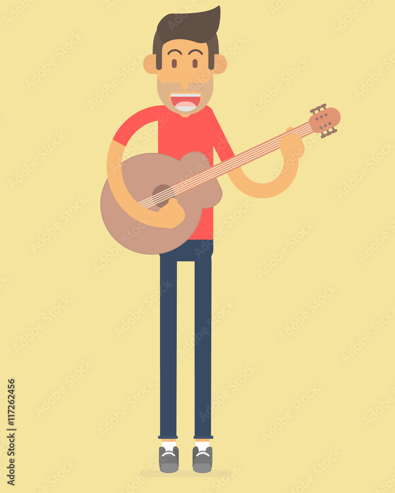 man with acoustic guitar singing. vector character of flat design. man with acoustic guitar singing. vector character of flat design.