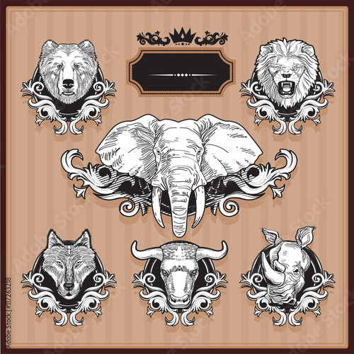 stuffed animal set - elephant, lion, bear, wolf, buffalo, rhinoceros