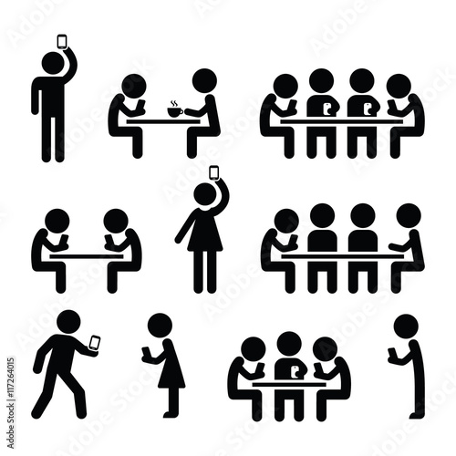 People on smartphones, walking and playing games, taking selfies icons 