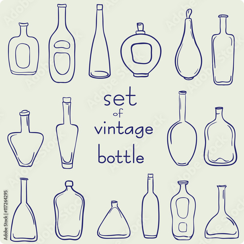 Set of hand drawn bottle icons. Vector line art illustration.Clip art for design.