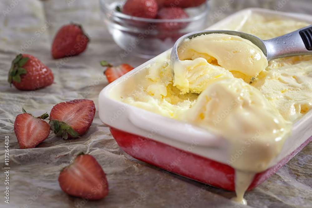 Homemade vanilla ice cream with strawberry Homemade vanilla ice cream with strawberry