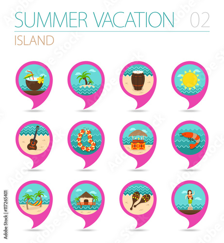 Island beach pin map icon set. Summer. Vacation