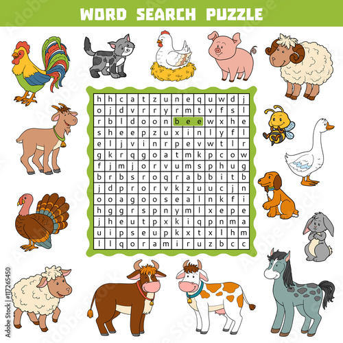 Vector color crossword about farm animals. Word search puzzle