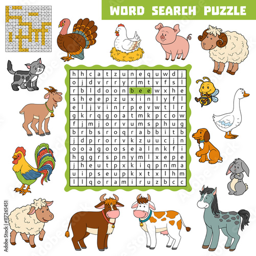 Vector color crossword about farm animals. Word search puzzle