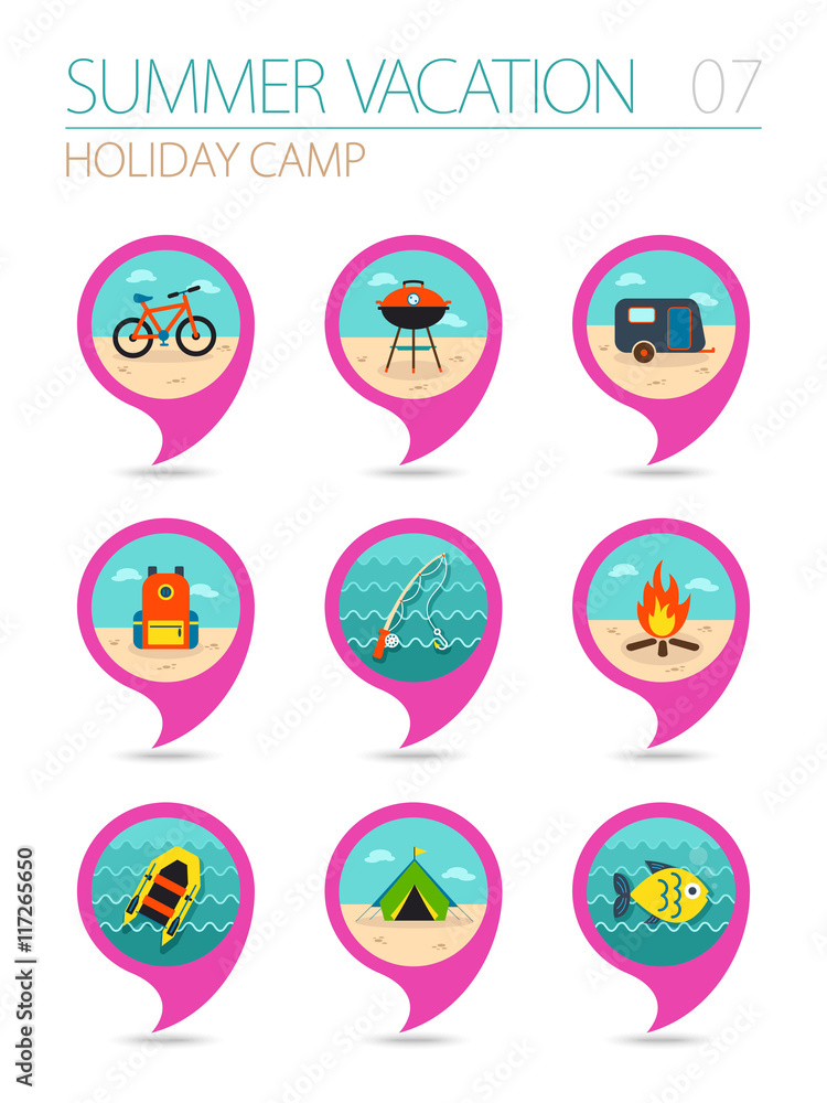 Summer camping pin map icon set. Holiday