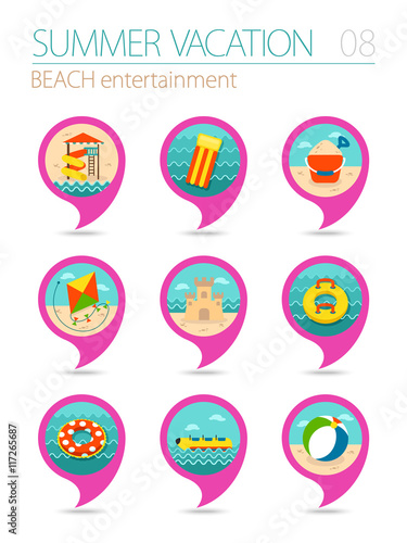 Beach entertainment pin map icon set. Vacation photo