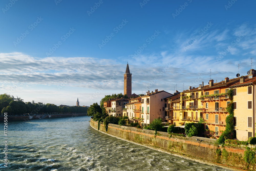 Beautiful houses on waterfront of Adige River, Verona