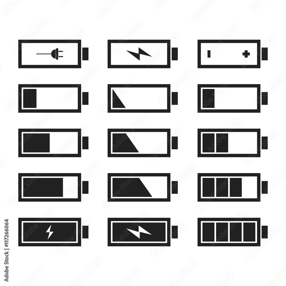 Battery charge vector icons set. Isolated on white background. Vector illustration, eps 8. Battery charge vector icons set. Isolated on white background. Vector illustration, eps 8.