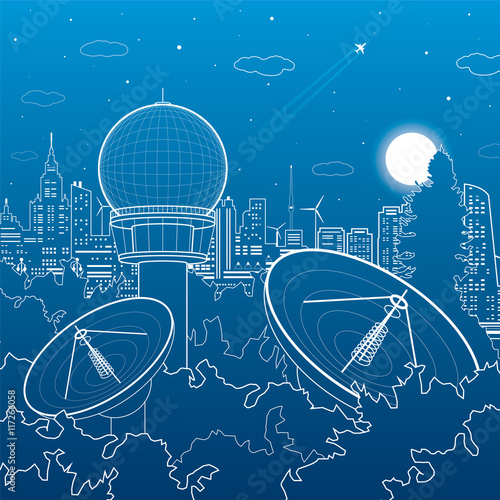 Radars in the woods, communication technology, weather station, night skyline, neon city, urban scene, vector design art