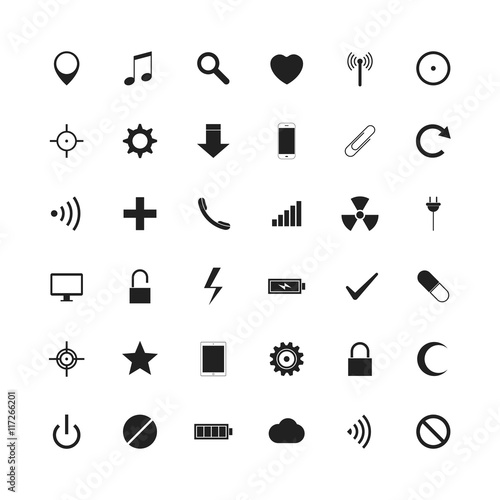 Set of universal black icons for web and smart phone (36 pieces). Isolated on white background. Vector illustration, eps 8.